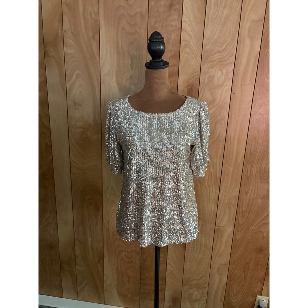 Cable & Gauge Womens Sequin Short Sleeve Scoop Neck Party Top Champagne Silver S